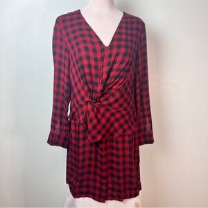 Zara Red & Black Buffalo Check Draped Knot Dress Plaid Long Sleeve |Size M